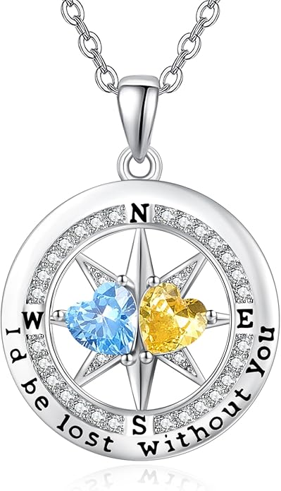 Compass Necklace for Women, Exquisite S925 Valentines Day Anniversary Birthday Gifts for Wife Her Double Birthstone Pendant Jewelry ‘I'd be Lost Without You’