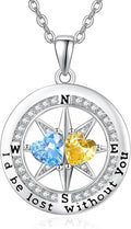 Compass Necklace for Women, Exquisite S925 Valentines Day Anniversary Birthday Gifts for Wife Her Double Birthstone Pendant Jewelry ‘I'd be Lost Without You’