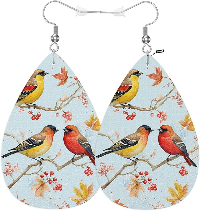 Two Hummingbirds Woman Earrings, Autumn Cherry Blossoms Hummingbirds Lightweight Leather Dangle Teardrop Earrings Jewelry For Ladies Friends