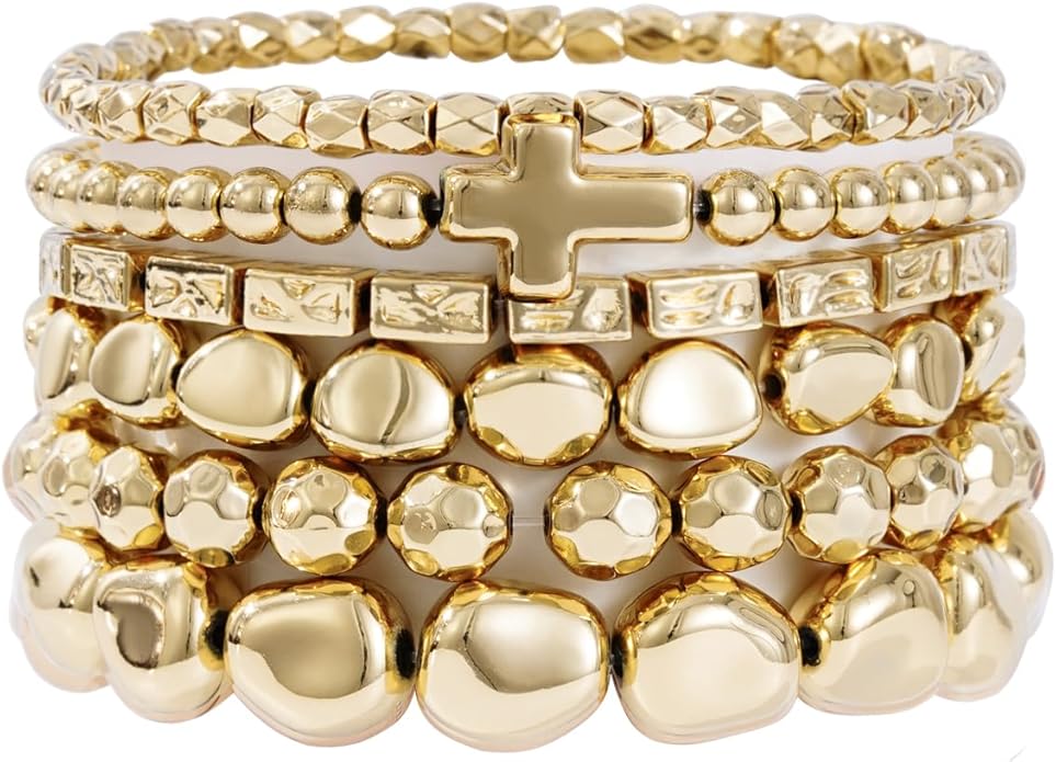 Gold Plated Beaded Bracelets for Women Trendy, 14K Gold Plated Stack Cross Pearl Gold Plated Bead Stretch Bracelets Set Elastic Hypoallergenic Bracelets Jewelry Gifts