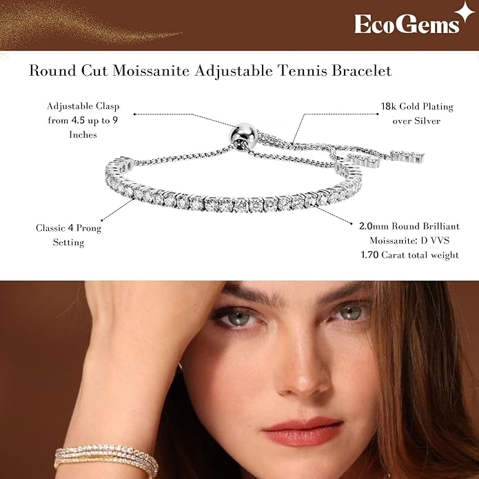 EcoGems Lab Grown Gemstone & Moissanite Bracelets – 14K/18K White or Yellow Gold Plated Sterling Silver – D Color VVS/VS Clarity – Elegant Sustainable Jewelry Gift with Gift Box