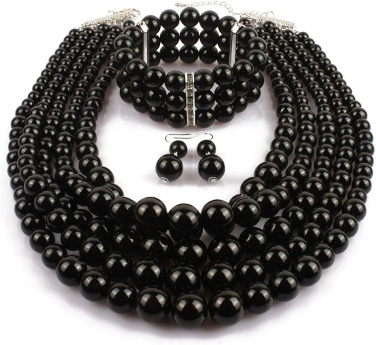 Exaggerated Imitation pearl multi-layer Necklace+bracelet+earring Large pearl necklace Wedding jewelry set for Women's and girls gifts（Multicolor optional）