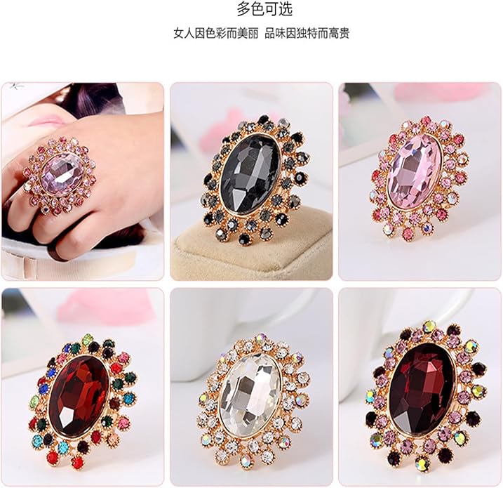 PINK TOWN Vintage Rhinestone Glass Finger Rings,Fashion Crystal Adjustable Open Wrap Knuckle Ring Boho Big Oval Stackable Rings Statement Ring Engagement Wedding Cocktail Party Rings Jewelry