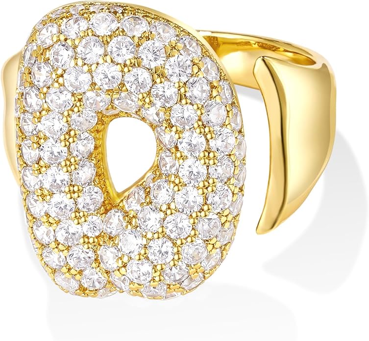 KissYan Bubble Initial Ring Valentines Day Gifts for Women, 14k Gold Plate Balloon Jumbo Letter Rings Open Adjustable Dainty Pave CZ Personalized Fashion Trendy Statement Jewelry