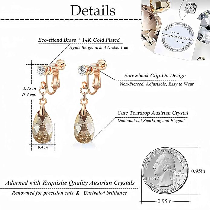Teardrop Austrian Crystal Drop Clip On Dangle Earrings for Women Non Pierced 14K Rose Gold Plated Hypoallergenic Jewelry