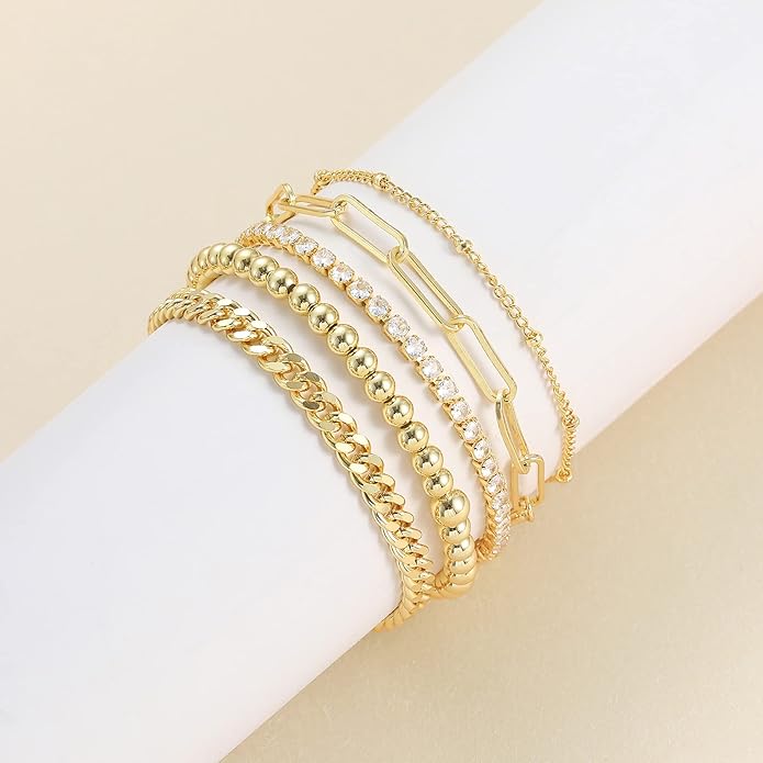 DEARMAY Dainty Silver Plated Bracelets for Women Trendy, Silver Jewelry Set for Women Bracelets for Women Paperclip Box Herringbone Figaro Rope Chain Bracelet Fashion Pack Gifts for Women