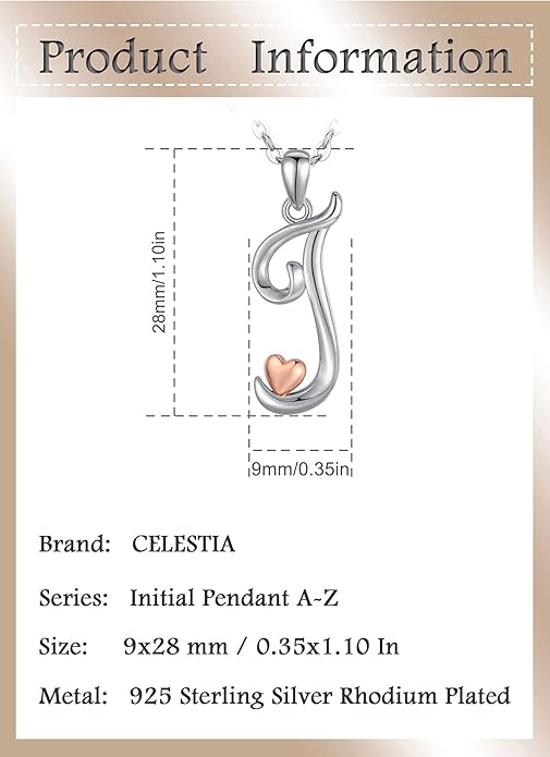 CELESTIA 925 Sterling Silver Initial Necklaces 26 Letter with Rose Gold Heart - 18 Inch Chain