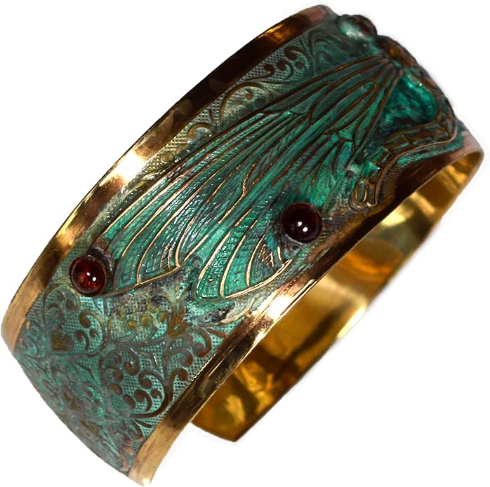 Elaine Coyne Collectible Artwear Verdigris Patina Solid Brass Decorative Dragonfly Cuff - Genuine Garnet
