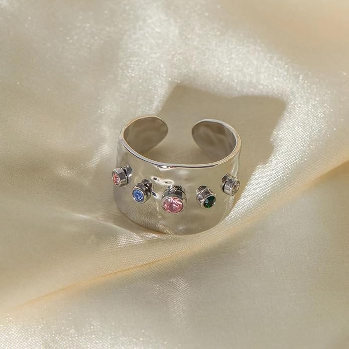 18K Gold Plated Wide Rings,Zirconia Stainless Steel Adjustable Rings for Women,Fashion Jewelry for Women