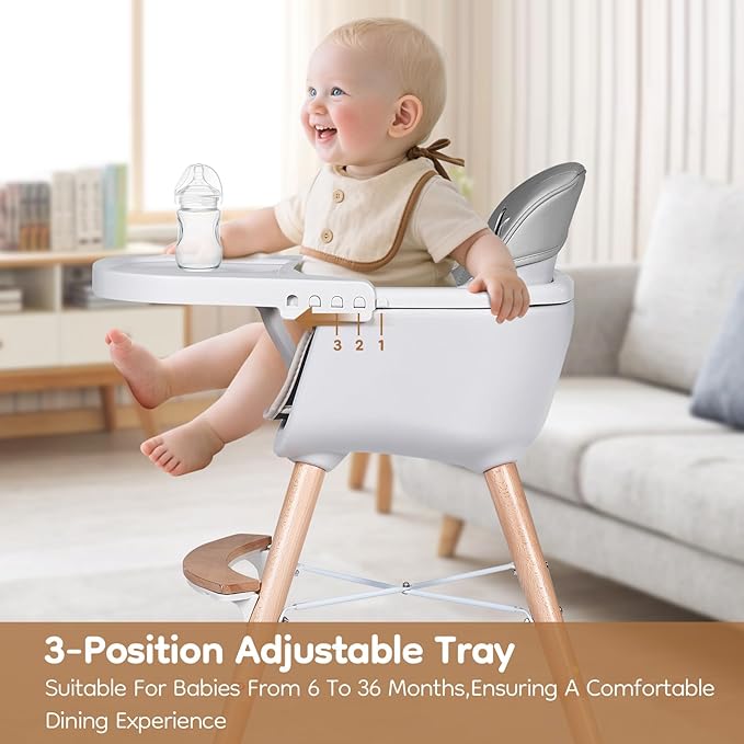 High Chairs for Babies and Toddlers,3 in 1 Convertible Wooden highchair, Baby High Chair with Adjustable Legs,5 Point Harness, Footrest, Dishwasher-Safe Tray & PU Leather Cushion, Gray