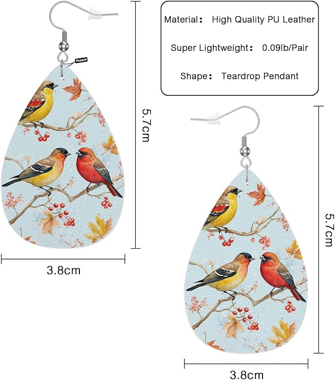 Two Hummingbirds Woman Earrings, Autumn Cherry Blossoms Hummingbirds Lightweight Leather Dangle Teardrop Earrings Jewelry For Ladies Friends