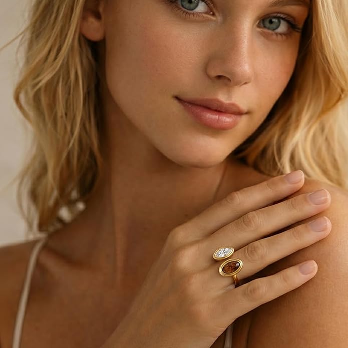Mchic Adjustable Chunky Rings for Women: Dainty Natural Gemstone Ring Stainless Steel 18K Gold/Silver Plated Band Rings Non Tarnish Waterproof Statement Fashion Jewelry Gift for Women