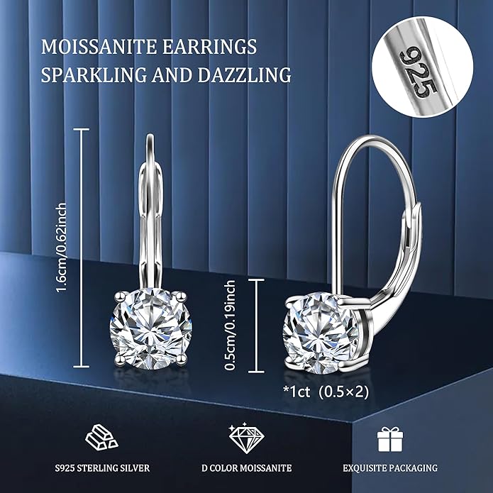 Moissanite Earrings, White Gold Plated Soild Sterling Silver Dangle Earrings 1.0ct-2.0ct D Color Brilliant Round Cut Lab Created Moissanite French Leverback Drop Earring for Women