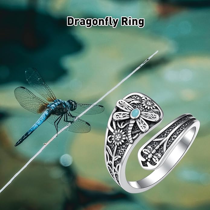 Spoon Ring for Women S925 Sterling Silver Dragonfly Ring Adjustable Thumb Rings Jesus Fish Rings Spoon Jewelry for Brithday Christmas