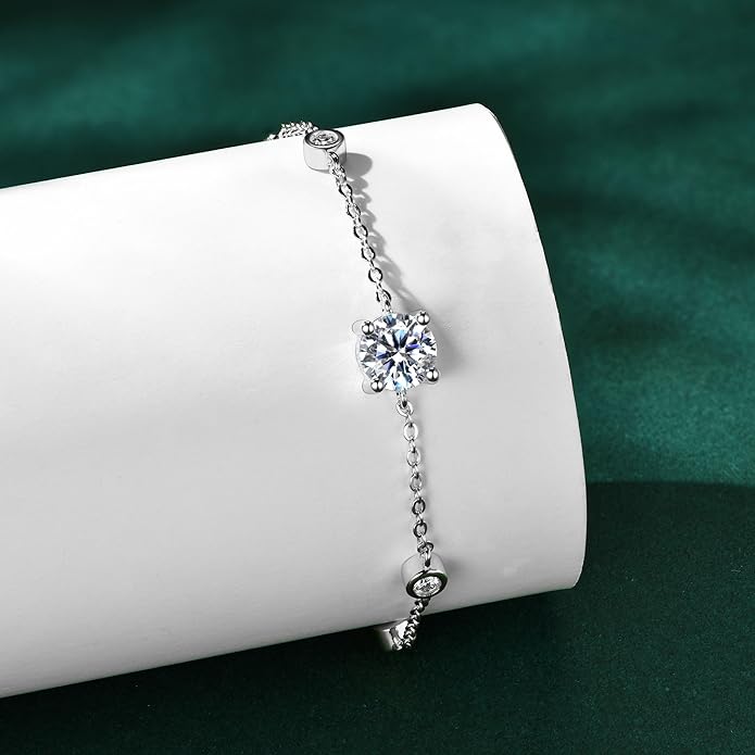 Bezel Station Link Bracelets for Women, 1.36cttw D Color Moissanite Bracelet 925 Sterling Silver for Wife or Mom, Adjustable Chain