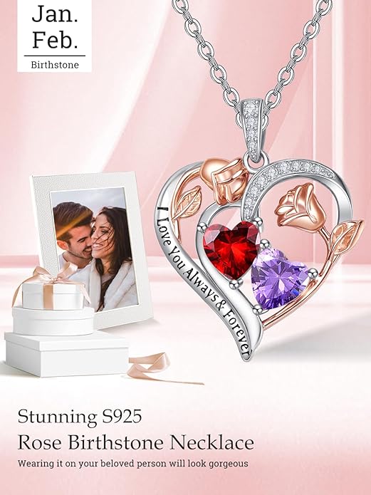Valentine's Day Gifts for Wife 925 Sterling Silver Double Birthstone Pendant Necklaces I Love You for Always and Forever Necklace Anniversary Birthday Gifts for Wife Girlfriend Mom Her