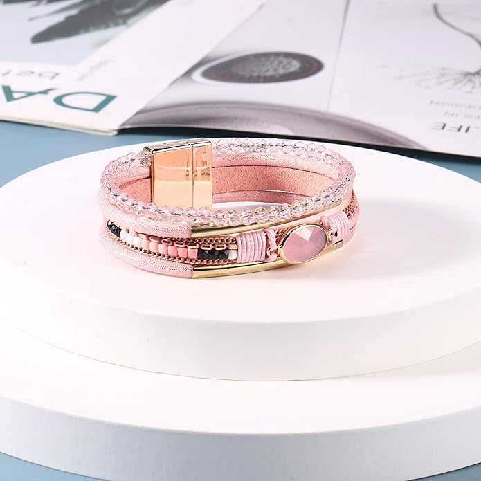 FANCY SHINY Leather Wrap Bracelets Crystal Beads Bracelet Boho Cuff Stone Charm Bracelets with Clasp Costume Jewelry for Women