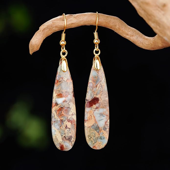 Boho Women Natural Stone Earrings Unique Healing Imperial Jasper Gemstone Energy Hypoallergenic Lightweight Dangle Drop Earrings Multiple Styles Earrings Jewelry for Birthday Party Gift