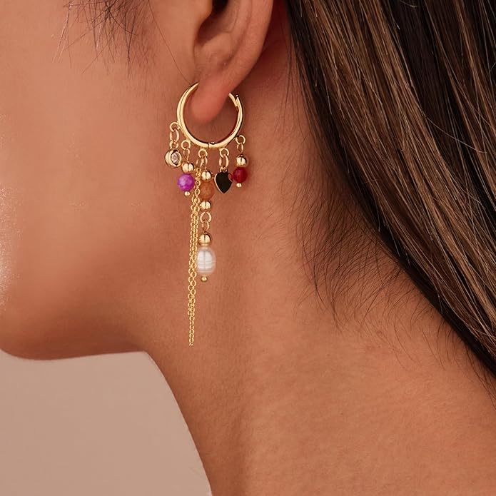 GZQ Bohemian Tassel Hoop Earrings for Women,Colorful Beaded Pearl Dangle Jewelry Fashion Statement Accessory for Gift Daily Wear Party Date, Lightweight 2.75in
