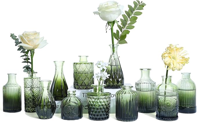 UPBUD Green Glass Bud Vases Set of 12, Mini Flower Vase by UPBUD