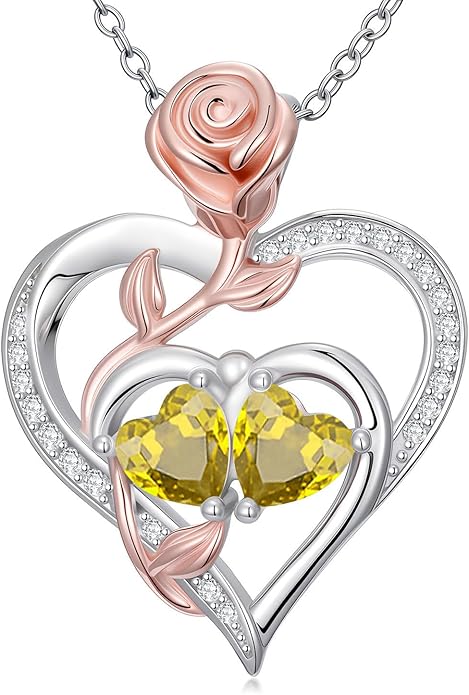 Rose Flower Heart Pendant for Women Birthday Gifts 18k Gold Plated Mother Daughter Necklace with 12 Months Birthstone Christmas Valentines Day Gifts for Her Mom Anniversarry Jewelry for Mom Wife Girlfriend