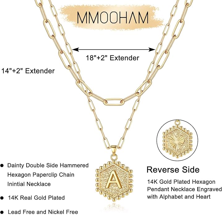 M MOOHAM Valentines Gifts for Women Teen Girls, 14K-Gold-Plated Initial Necklaces for Women Cute Hexagon Letter Initial Necklace Layered Necklaces for Womens Teen Girl Valentines Jewelry Gifts