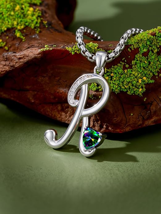 Valentines Day Gifts for Women Alphabet A to Z Initial Birthstone Pendant Necklaces for Women - 18k White Gold Plated Personalized Name Jewelry Valentine Mothers Day Birthday Gifts for Women Her Girlfriend