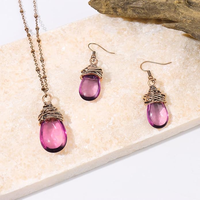 Coiris Brown Jewelry Set for Women Boho Water Drop Necklace and Earrings Set Bohemian Vintage Lantern Pendant Western Dangle Jewelry Gift for Her