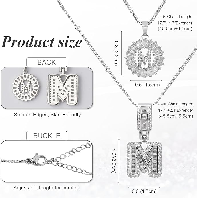 Initial Letter Necklace for Women 14k White Gold Silver Plated Dainty Necklaces Trendy Chunky Custom Layered Necklace Set Personalized Round Circle Zirconia A-Z Letter Chain Pendant Jewelry Gift