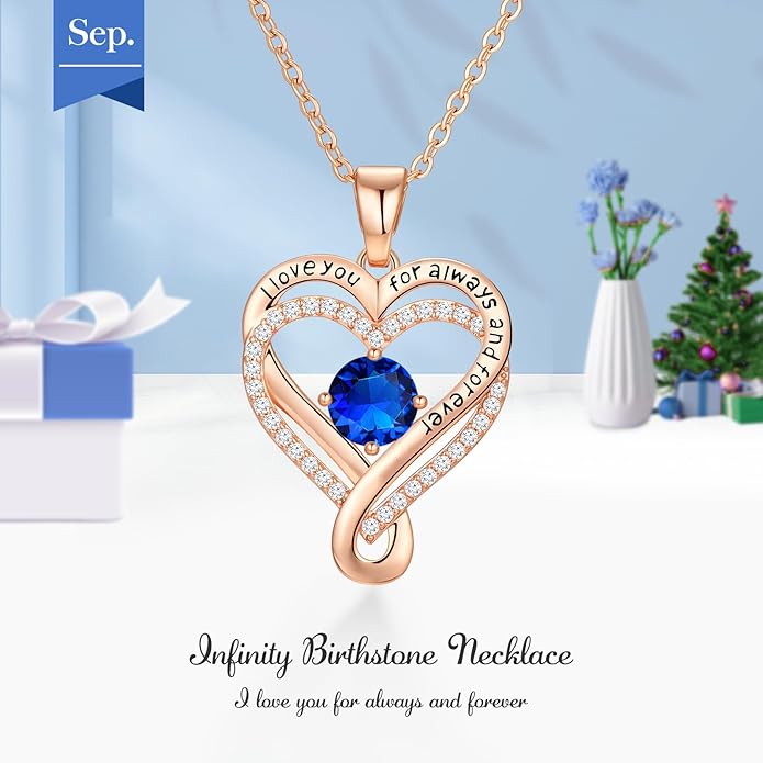 To My Wife Necklace from Husband, Infinity Love Heart Birthstone Necklace with Message Card, Anniversary Birthday Gift for Wife, I Love You Jewelry Gifts for Her, 18K Rose Gold Plated Sterling Silver
