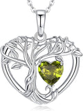 Tree of Life Necklaces for Women 925 Sterling Silver Heart Pendant Birthstone Necklace Created Gemstone Jewelry for Her, 18"+2"