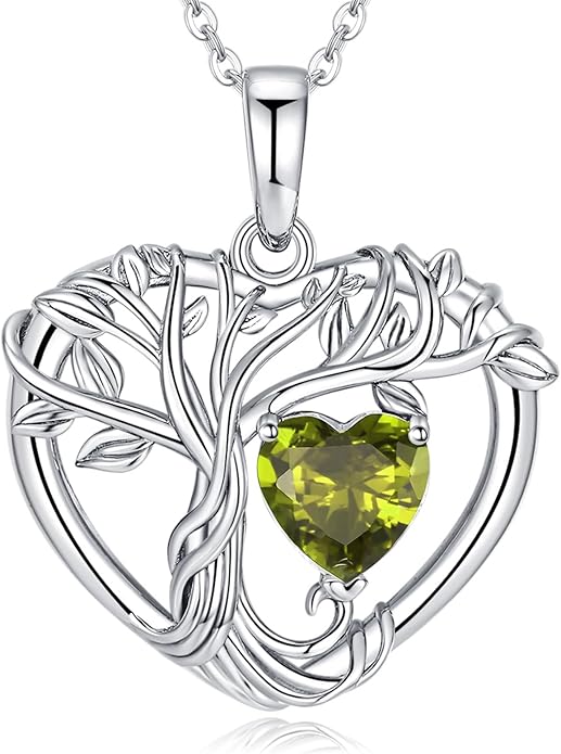 Tree of Life Necklaces for Women 925 Sterling Silver Heart Pendant Birthstone Necklace Created Gemstone Jewelry for Her, 18"+2"