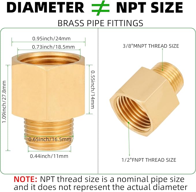 Brass Pipe Fitting, 3/8 Inch NPT Male to 1/2 Inch NPT Female Brass Pipe Hose - Image 2