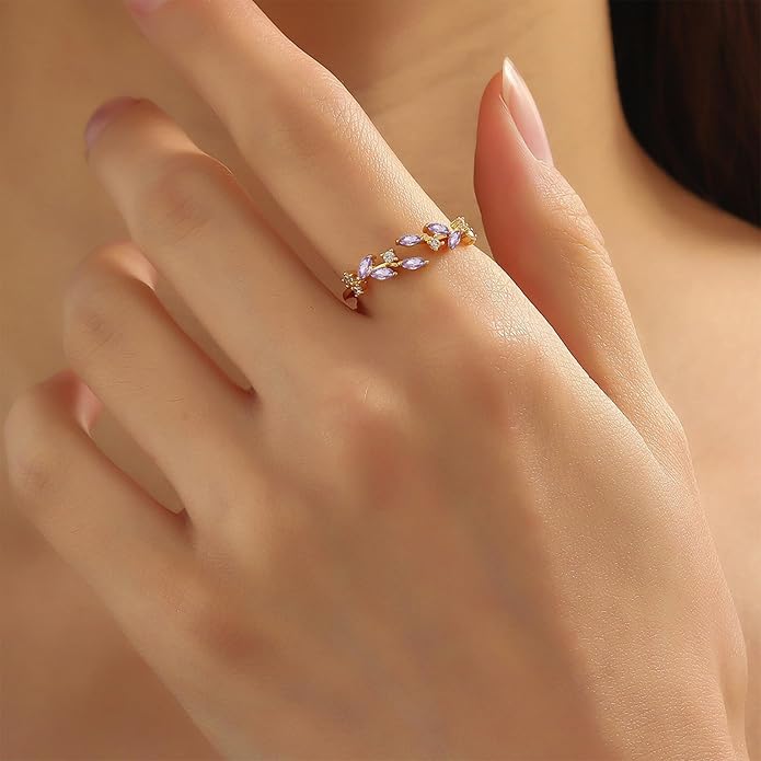 Gold Rings Non Tarnish Silver Adjustable Rings for Women Cubic Zirconia Leaf Ring Dainty Silver Stackable Ring for Women