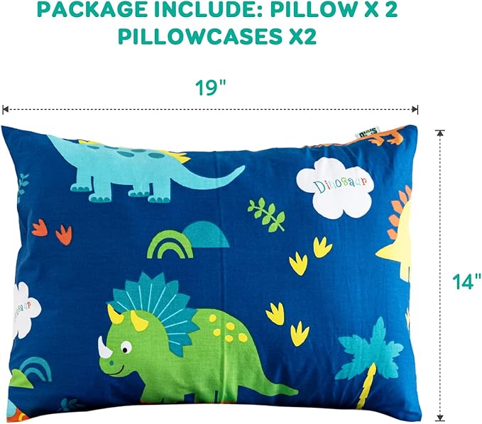 Cottonblue Toddler Pillow, Kids Pillows for Sleeping 14 x 19 Inches, Kids Pillow with Soft Cotton Pillowcase, Machine Washable, Perfect for Travel Toddlers Cot, 2 Pack, Blue Dinosaur