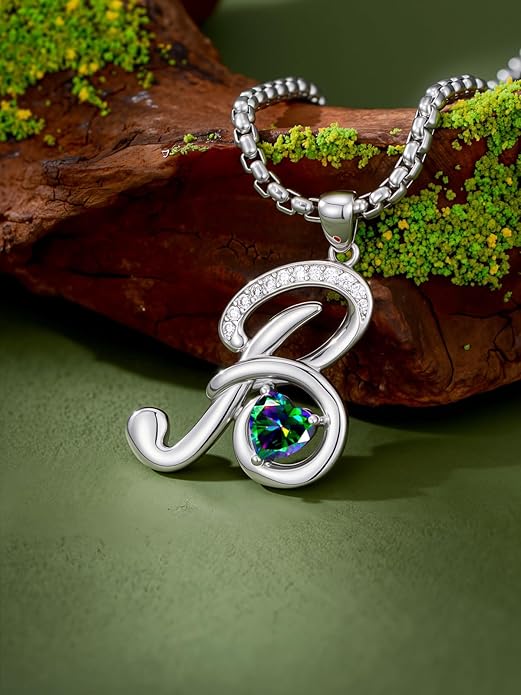 Valentines Day Gifts for Women Alphabet A to Z Initial Birthstone Pendant Necklaces for Women - 18k White Gold Plated Personalized Name Jewelry Valentine Mothers Day Birthday Gifts for Women Her Girlfriend