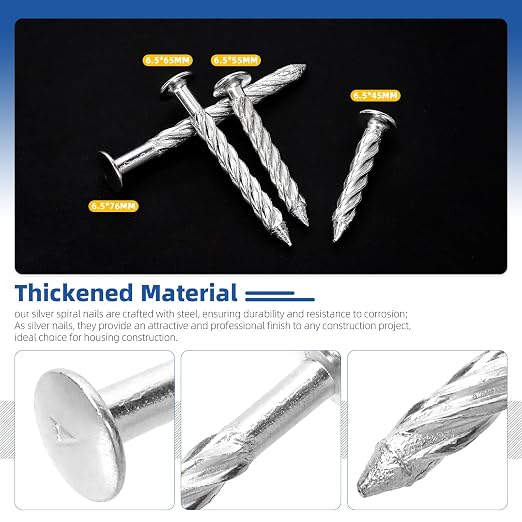 Glarks 50pcs 6.5 x 55mm Thread Twist Nail Kit, Zinc Plated Cement Nails - Image 4