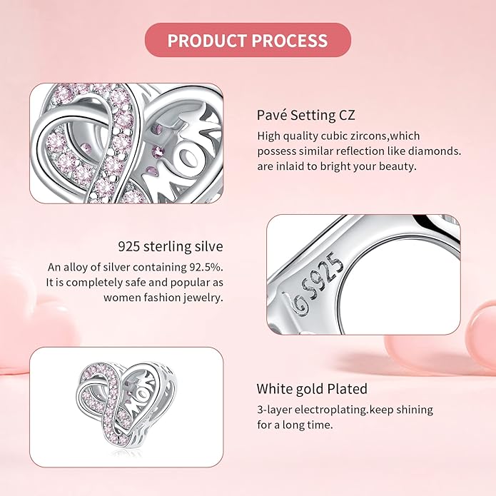 VOROCO 925 Sterling Silver mom Charm for Bracelets Necklaces pendant Charms,Infinity Love Heart Charms for Mother Birthday Christmas day Jewelry Gifts