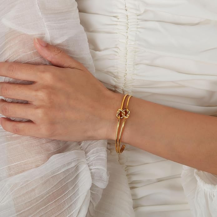 PERNNLA PEARL Dainty Gold Bar Bracelet for Women Simple Delicate Thin Cuff Bangle Hook Bracelet 18K Gold Plated Handmade Minimalist Jewelry