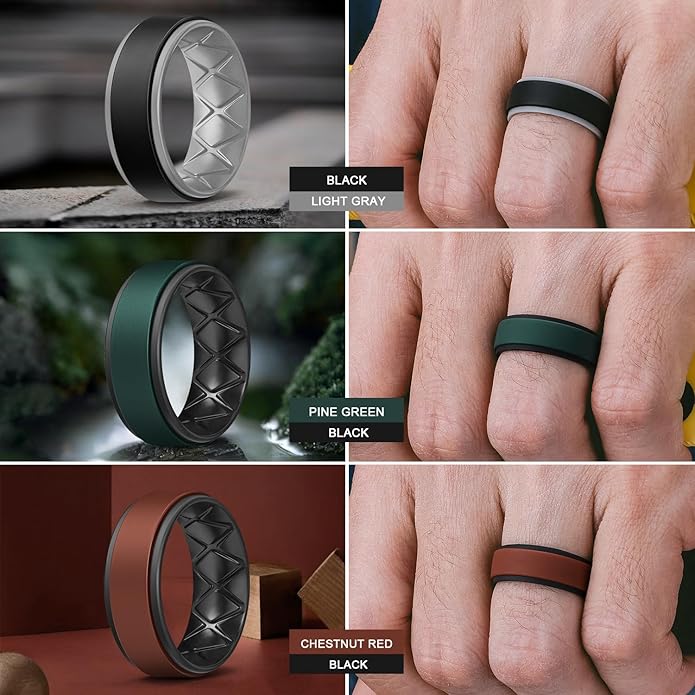 Egnaro Silicone Rings for Men 1/4/5/6/7 Multipack of Breathable Mens Silicone Rubber Wedding Rings Bands - Step Edge