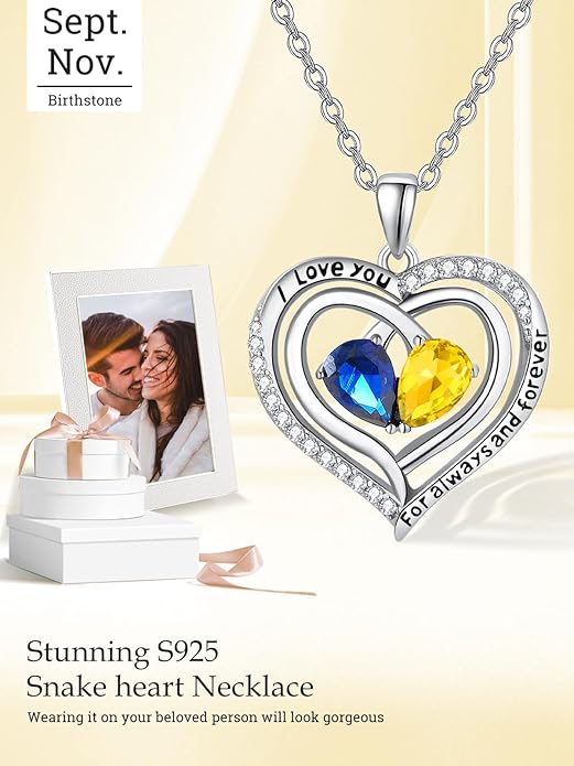 Valentine's Day Gifts for Wife 925 Sterling Silver Double Birthstone Pendant Necklaces I Love You for Always and Forever Necklace Anniversary Birthday Gifts for Wife Girlfriend Mom Her