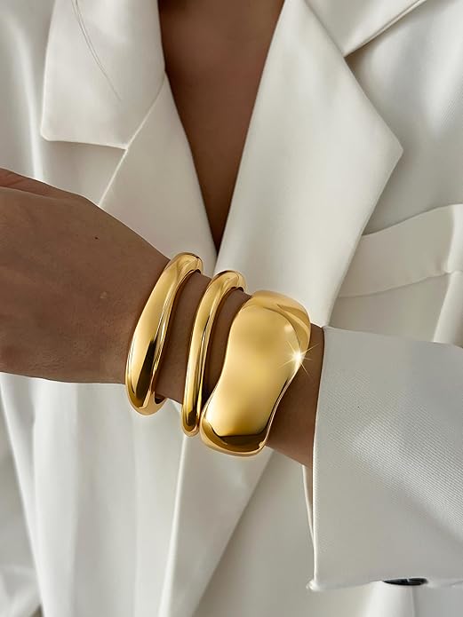 3Pcs Chunky Gold Bangles Bracelets for Women, Spring Hinged Big Stackable Bangles Set, Trendy Cuff Bracelet Stack Fashion Jewelry Gifts