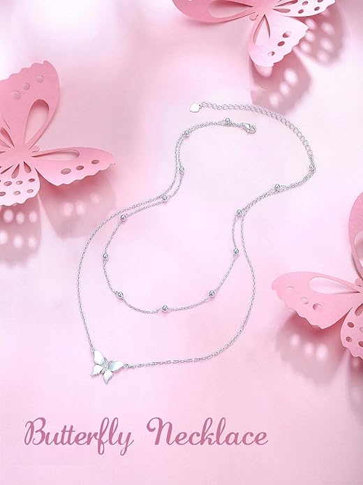 FLYOW S925 Sterling Silver Dainty Butterfly/Moonstone/Turquoise/Agate/Circle Choker Necklace Short Dainty Layered Pendant Necklace Jewelry for Women Girls