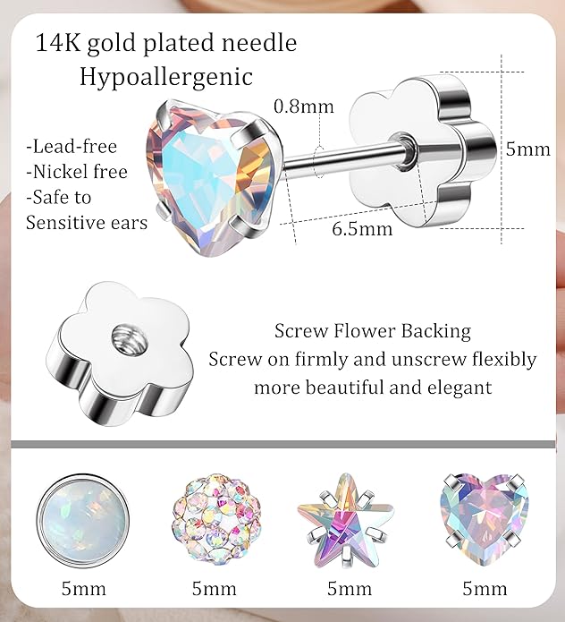 4Pairs 14K Gold Stud Earrings for Women Girls 316L Stainless Steel Hypoallergenic Earrings 20G Flat Back Handmade Nap Earrings Cute Screw Back Opal Heart Star Cartilage Earrings