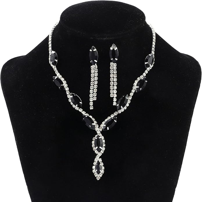 Silver Rhinestone Prom Jewelry Set for Women,Black Glitter Crystal Chain Choker Necklace Cz Drop Earring for Wedding Bridal,Formal Costume Accessories
