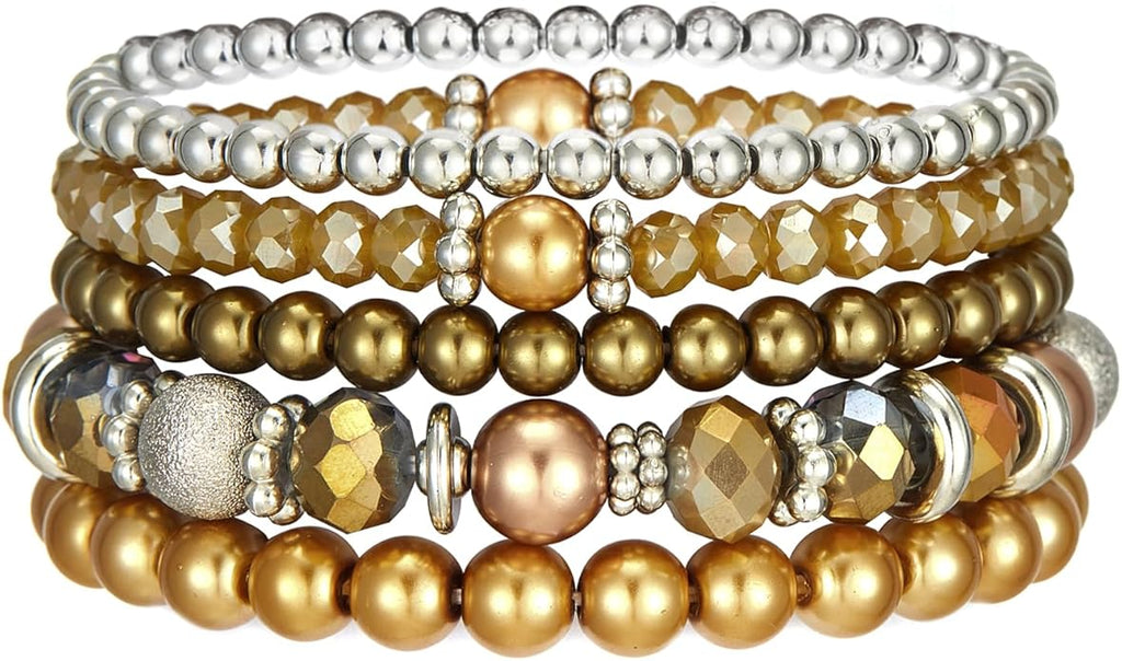 Noessla Beaded Pearl Stretch Bracelet Silver Stackable Crystal Beads Bracelets Trendy Costume Jewelry Mothers Day Gifts for Women