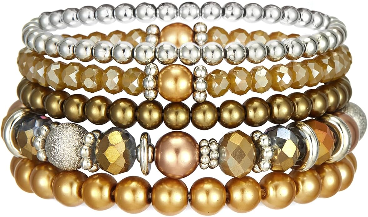 Noessla Beaded Pearl Stretch Bracelet Silver Stackable Crystal Beads Bracelets Trendy Costume Jewelry Mothers Day Gifts for Women