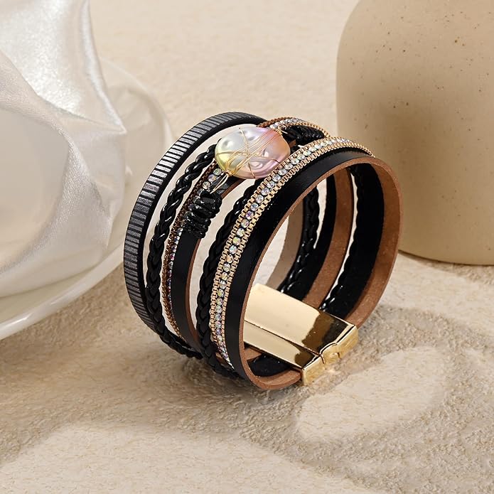 Wrapped Bracelets for Women,Leather Bracelet,Boho Bracelets for Women,Multi-Layer Pearl Crystal Bracelet Bangle Jewelry