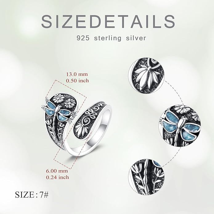 Hummingbird/Dragonfly Turquoise Ring 925 Sterling Silver Floral Spoon Rings Vintage Thumb Band Oxidized Wrap Adjustable Bands Jewelry Gifts for Women Wife Mother Christmas Birthday