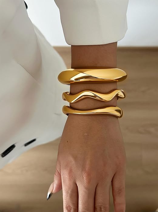 3Pcs Chunky Gold Bangles Bracelets for Women, Spring Hinged Big Stackable Bangles Set, Trendy Cuff Bracelet Stack Fashion Jewelry Gifts